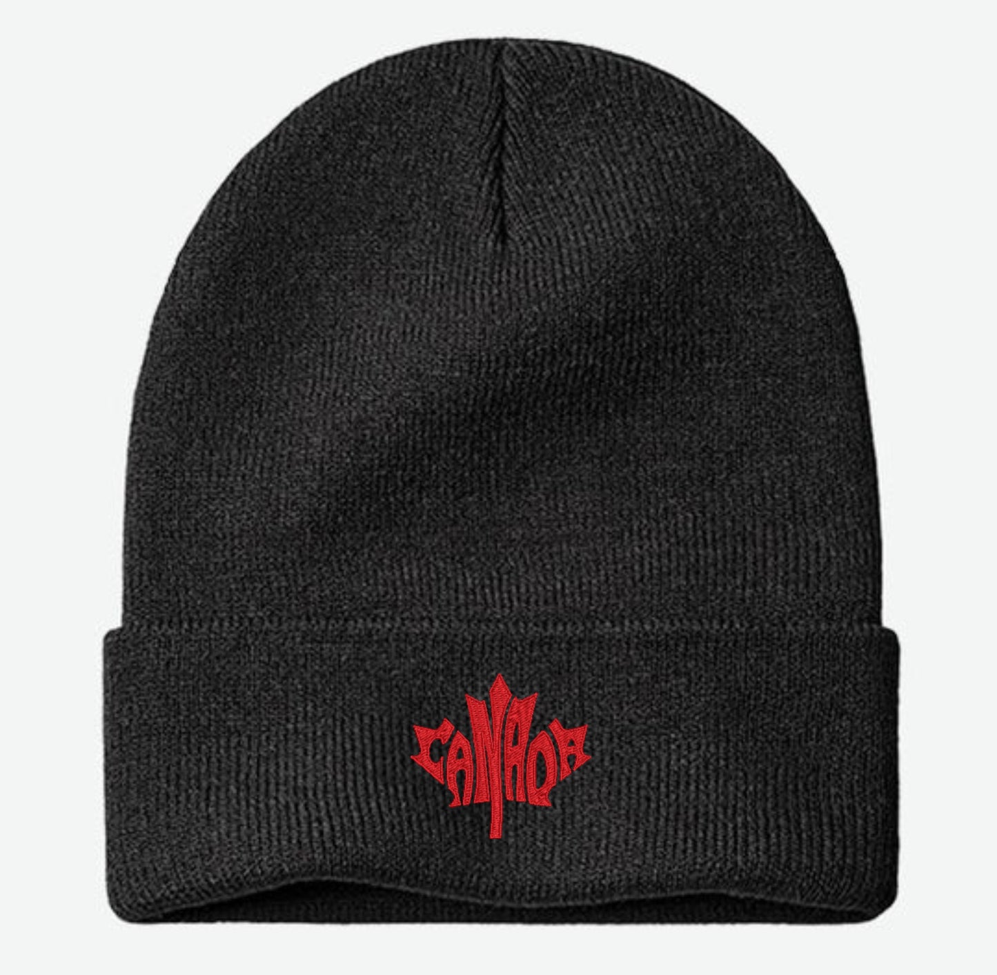 Black beanie with red maple leaf logo on a white background