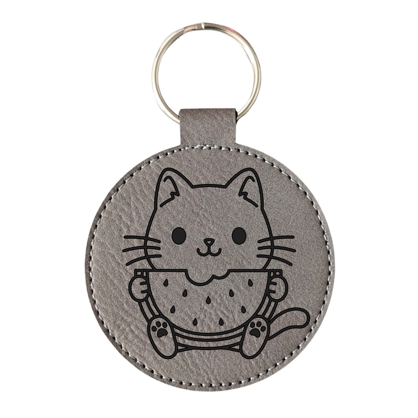 Cat with Watermelon Leatherette Keychain