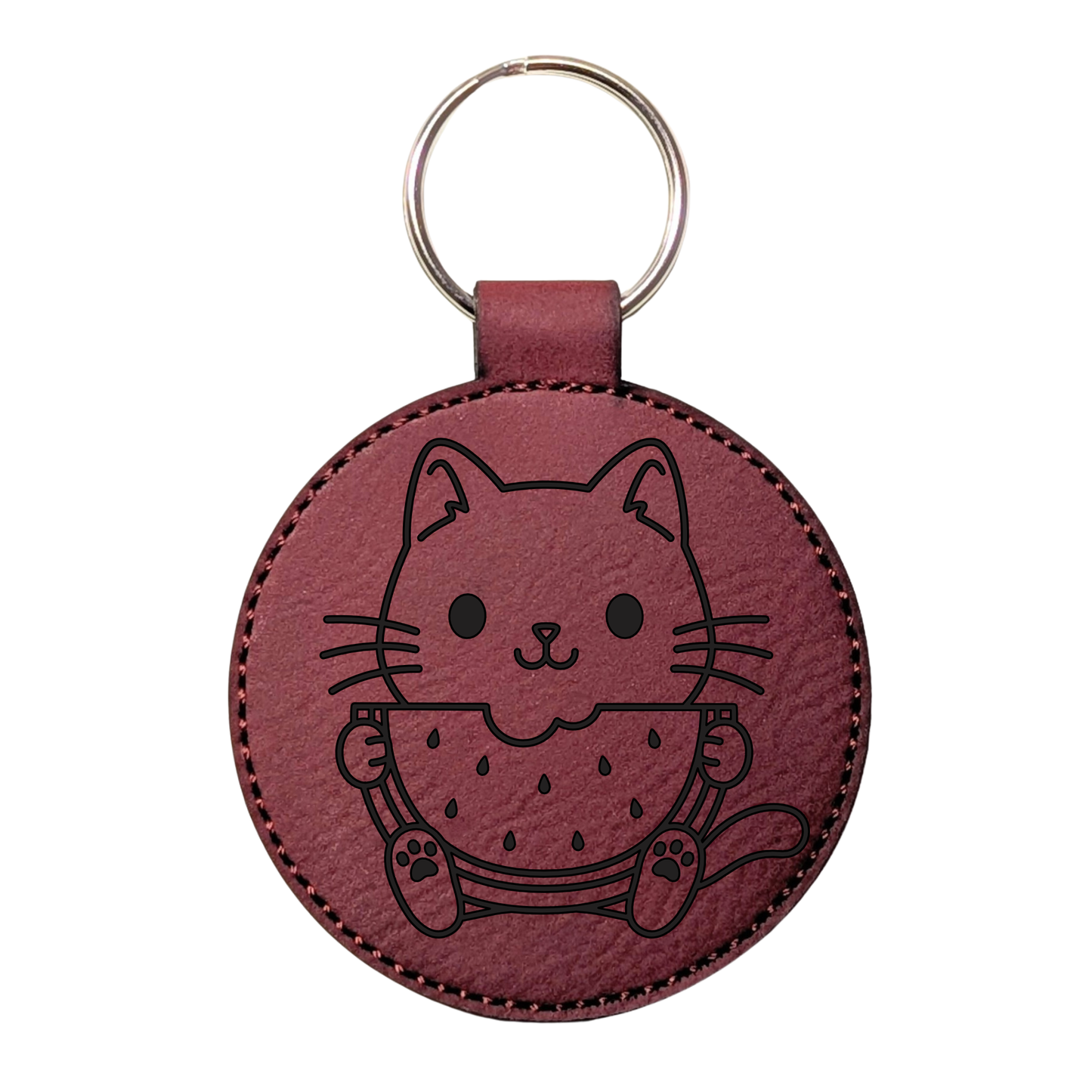 Cat with Watermelon Leatherette Keychain