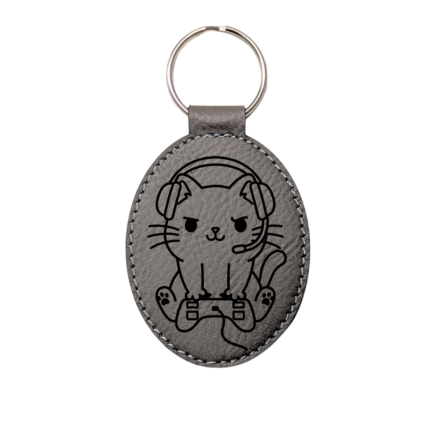 Gamer Cat Leatherette Keychain