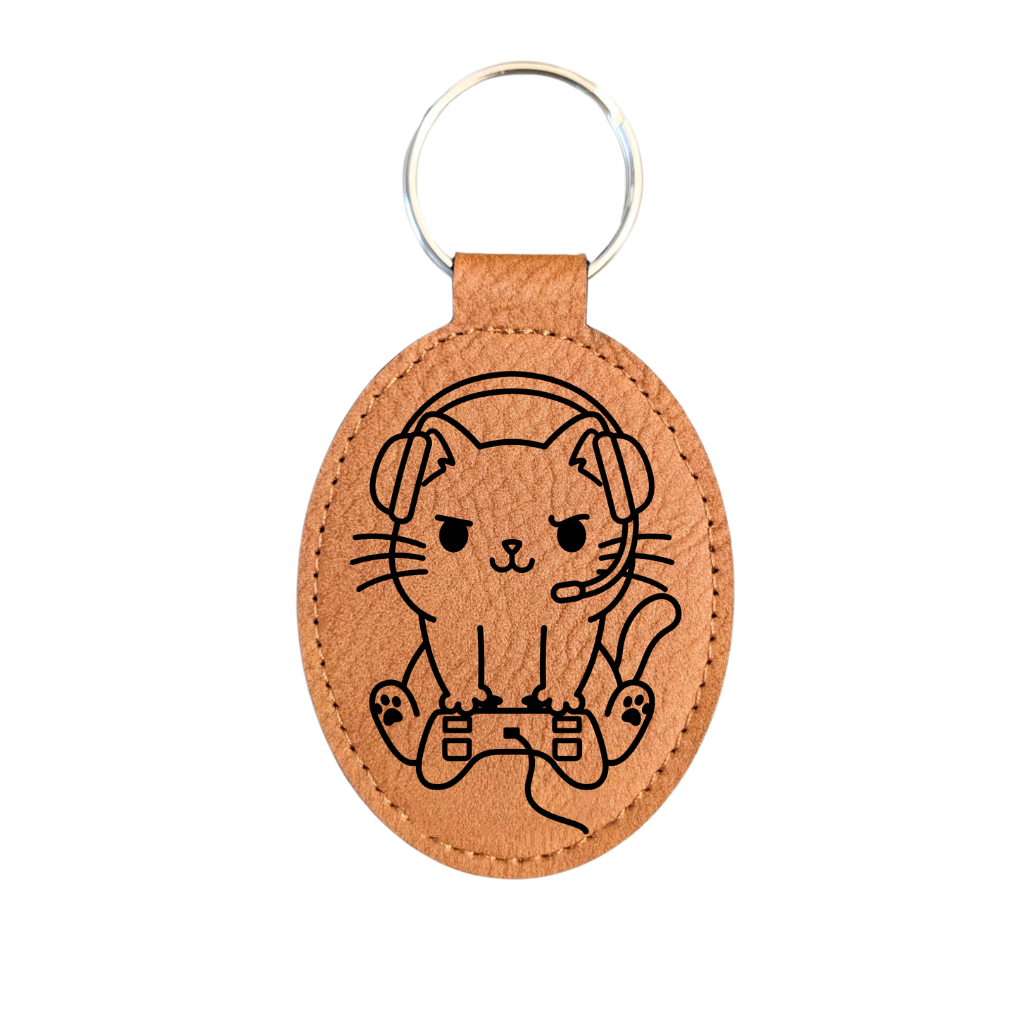 Gamer Cat Leatherette Keychain
