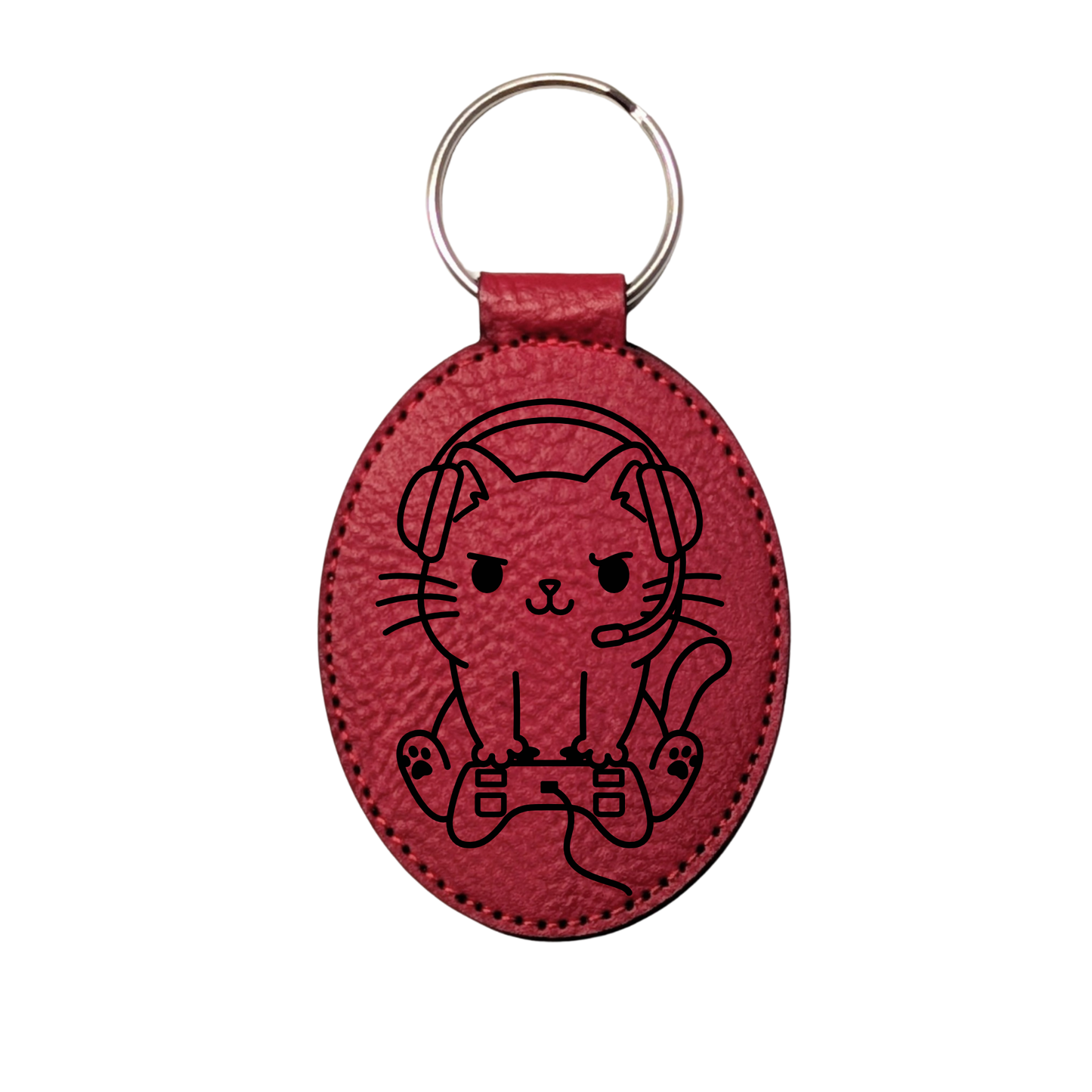 Gamer Cat Leatherette Keychain
