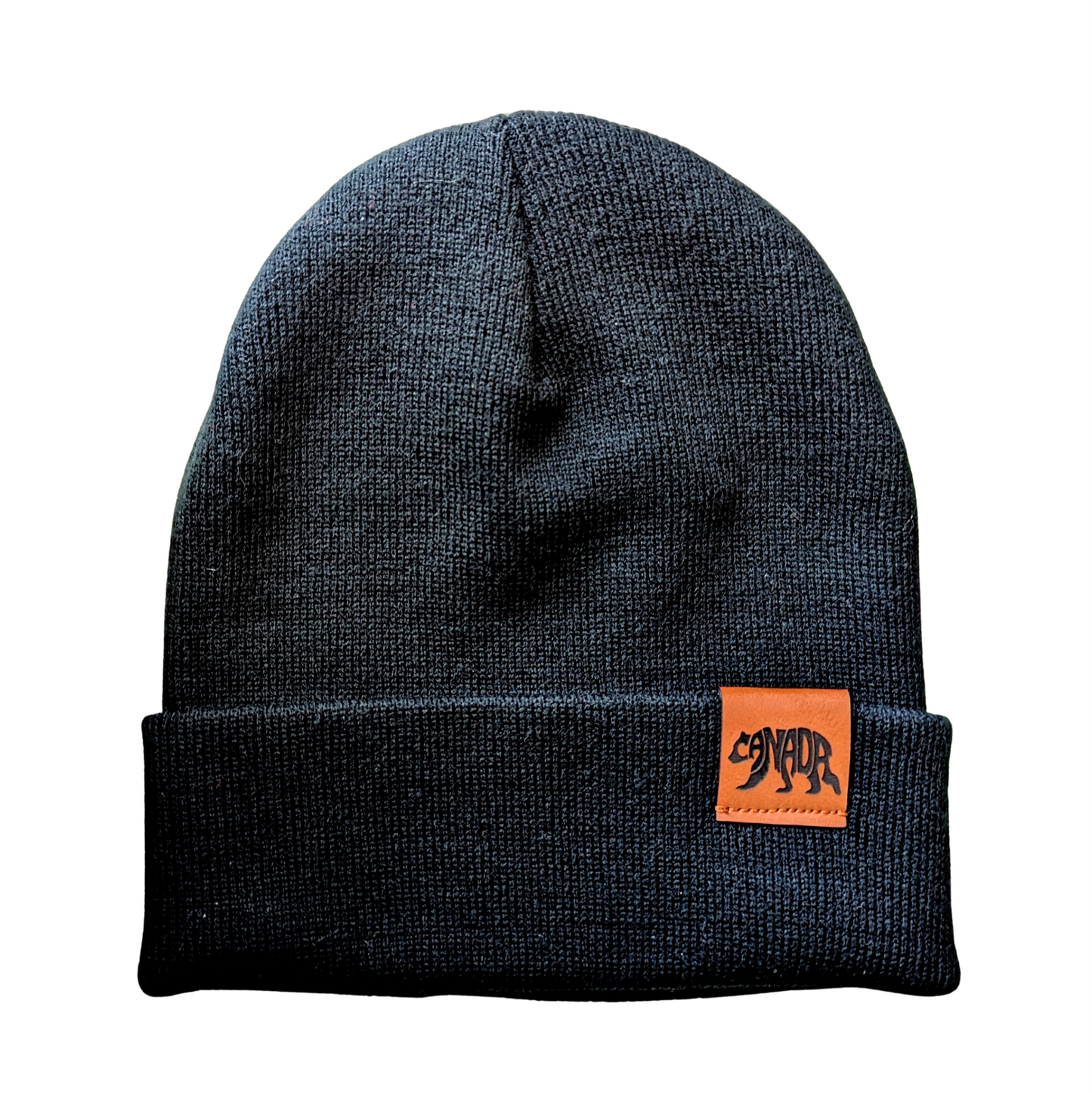 Black knit beanie with a rawhide tag featuring a canada bear on a white background