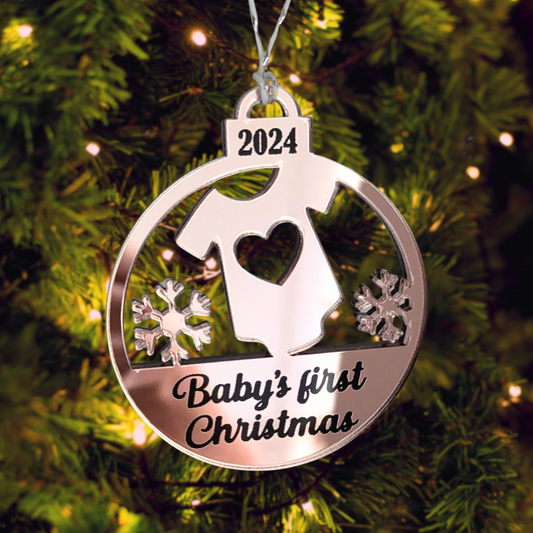 Baby's first christmas ornament made from mirror acrylic