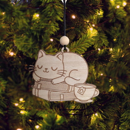 Cute Sleeping Cat with Books - Christmas Ornament