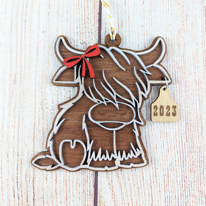 Cute Bow Christmas Highland Cow Personalized Ornament