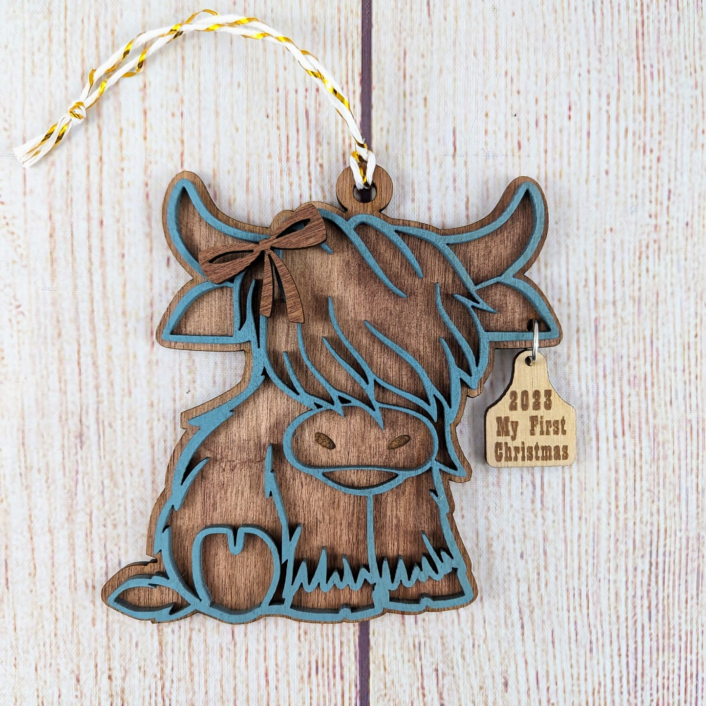 Cute Bow Christmas Highland Cow Personalized Ornament