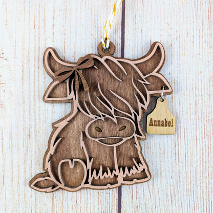 Cute Bow Christmas Highland Cow Personalized Ornament