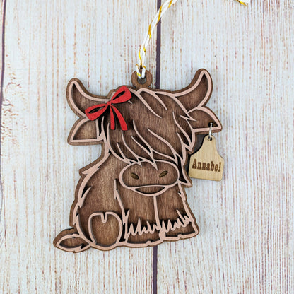 Cute Bow Christmas Highland Cow Personalized Ornament