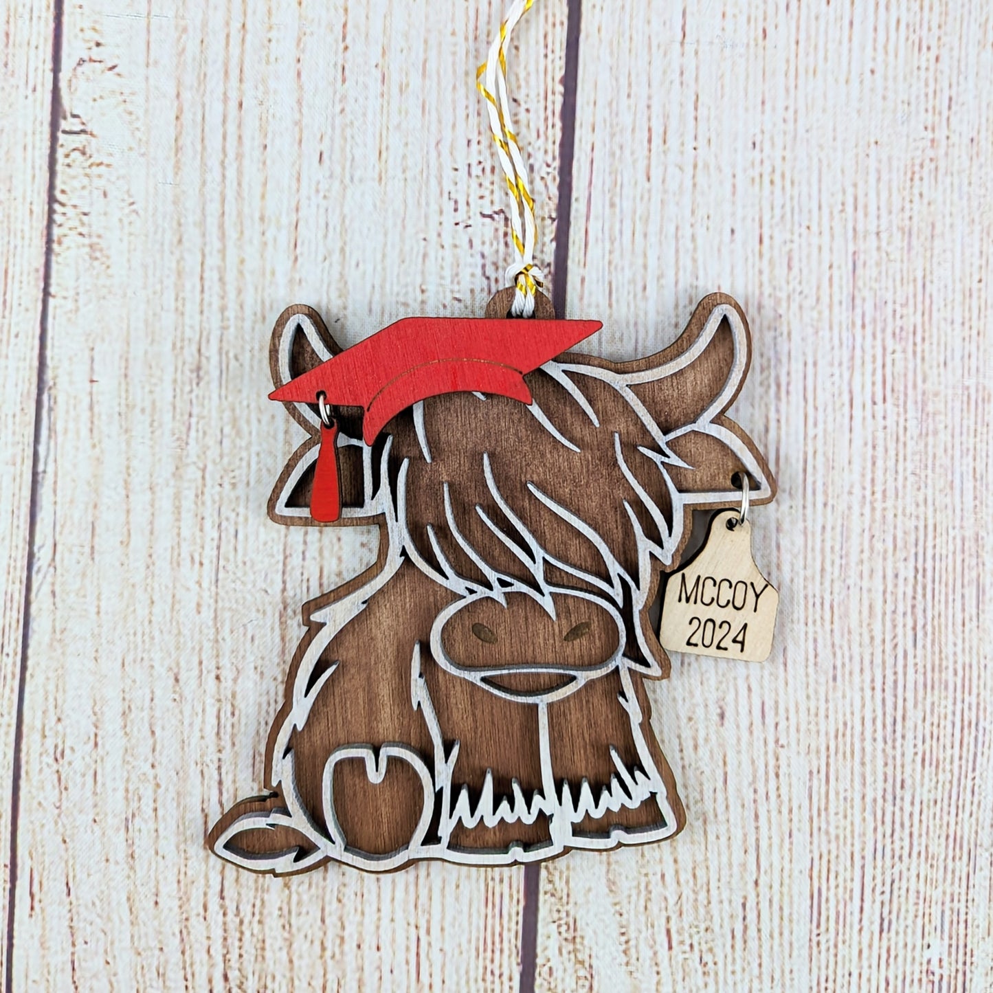 Graduation Themed Christmas Highland Cow Personalized Ornament