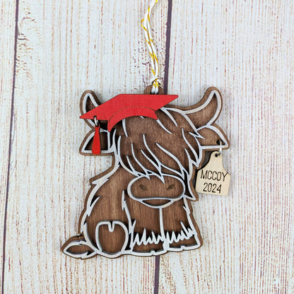 Graduation Themed Christmas Highland Cow Personalized Ornament