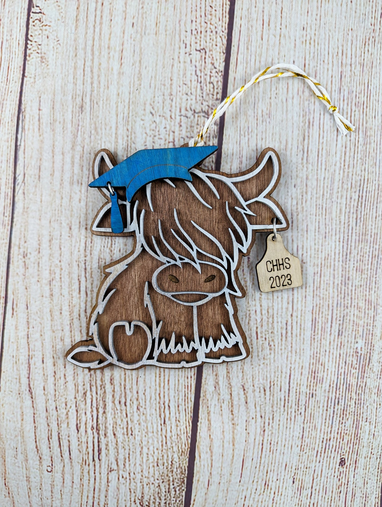 Graduation Themed Christmas Highland Cow Personalized Ornament