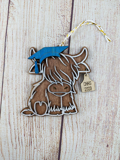 Graduation Themed Christmas Highland Cow Personalized Ornament