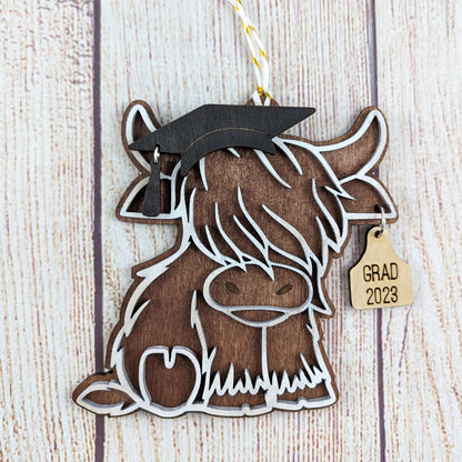 Graduation Themed Christmas Highland Cow Personalized Ornament