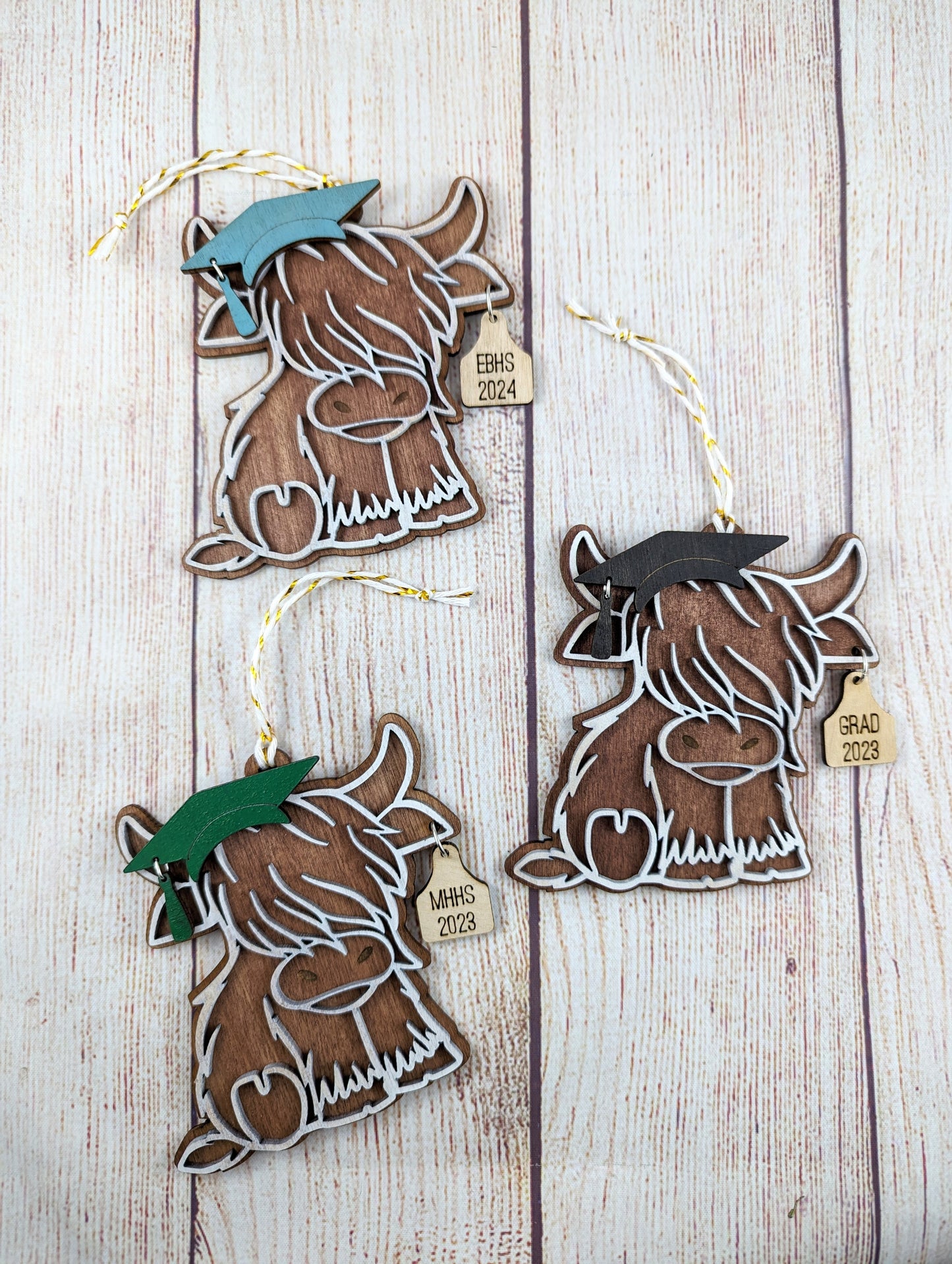 Graduation Themed Christmas Highland Cow Personalized Ornament