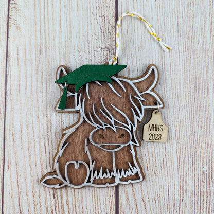 Graduation Themed Christmas Highland Cow Personalized Ornament