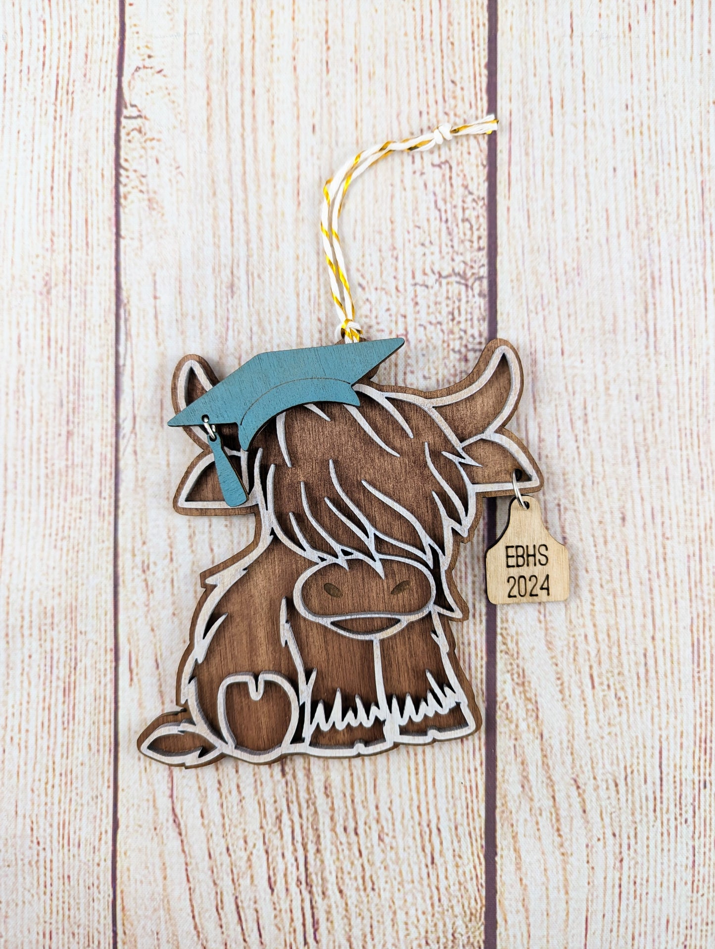 Graduation Themed Christmas Highland Cow Personalized Ornament