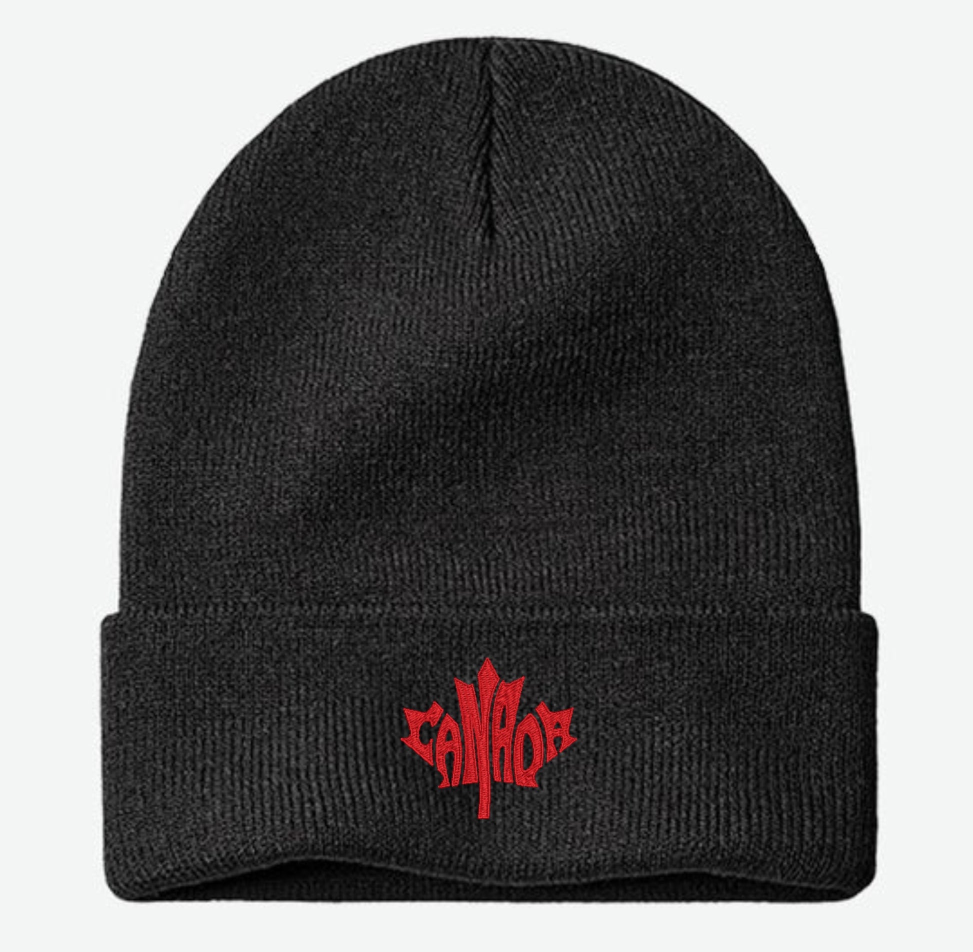 Black beanie with red maple leaf logo on a white background