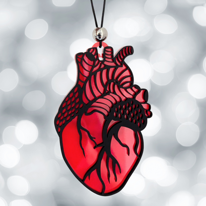 Anatomical heart ornament made from blue and red acrylic with optional personalization on the back. 