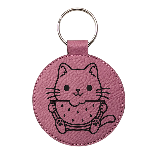 Cat with Watermelon Leatherette Keychain
