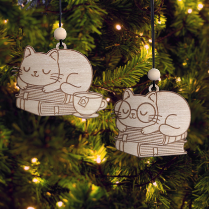 Cute Sleeping Cat with Books - Christmas Ornament