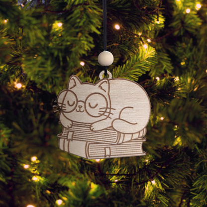 Cute Sleeping Cat with Books - Christmas Ornament