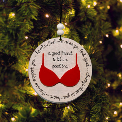 BFF ornament that reads "A good friend is like a good bra - hard to find - makes you look good -always close to your heart- there to support you"