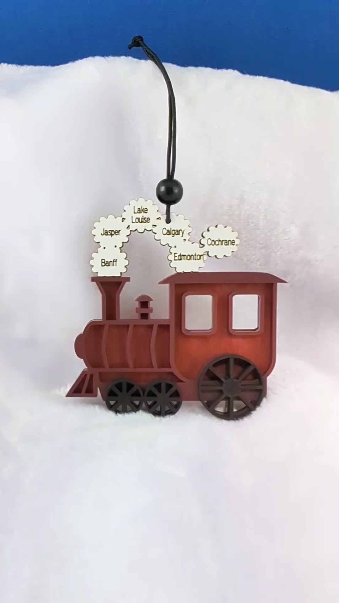 Short video of a custom wooden train ornament