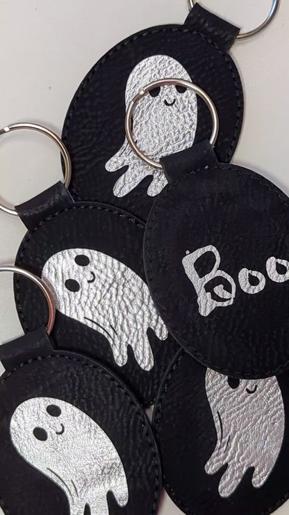 Cute Ghost - Black and Silver Engraved Keychain (Double Sided)
