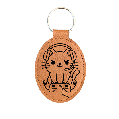 Gamer Cat Leatherette Keychain