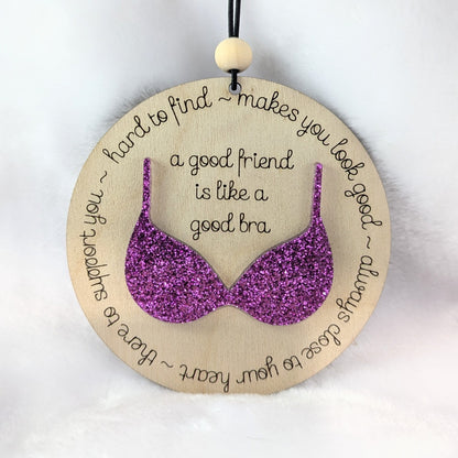 Friendship ornament with a purple bra. Reads: A good friend is like a good bra. 