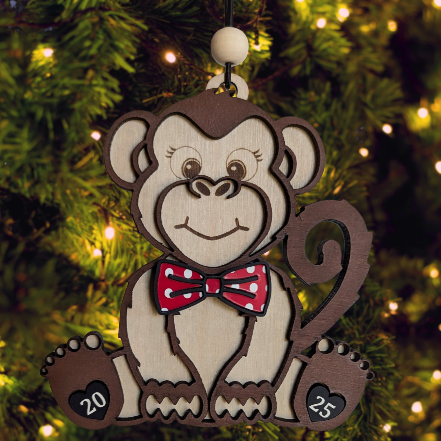 Cute Monkey with Bow Tie (Or hair bow) Christmas Ornament  - 2025 Optional