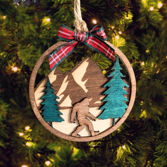 Sasquatch in the Mountains Christmas Ornament