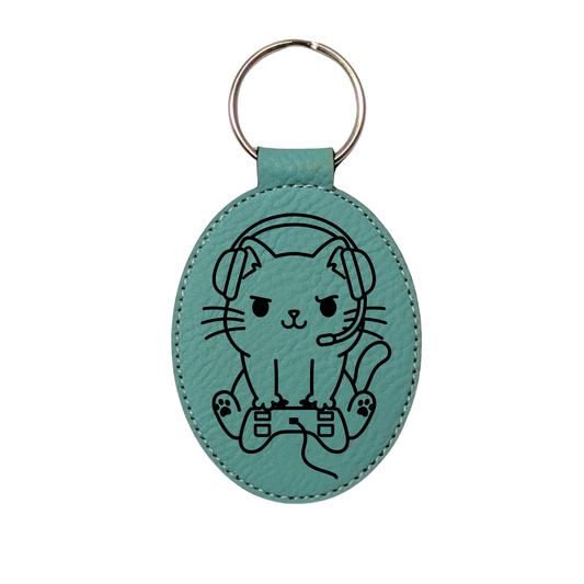 Gamer Cat Leatherette Keychain