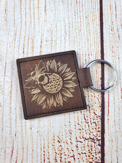 Sunflower and Bee - Rustic & Gold Engraved Keychain