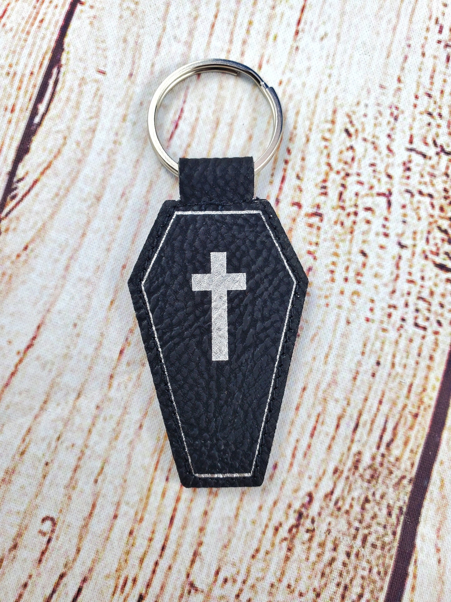 Coffin & Skeleton - Black and Silver Engraved Keychain (Double Sided)