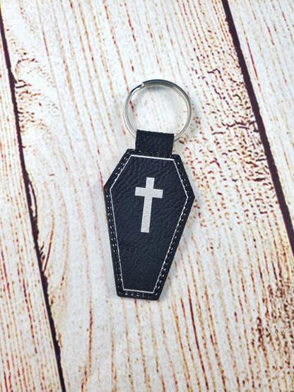 Coffin & Skeleton - Black and Silver Engraved Keychain (Double Sided)