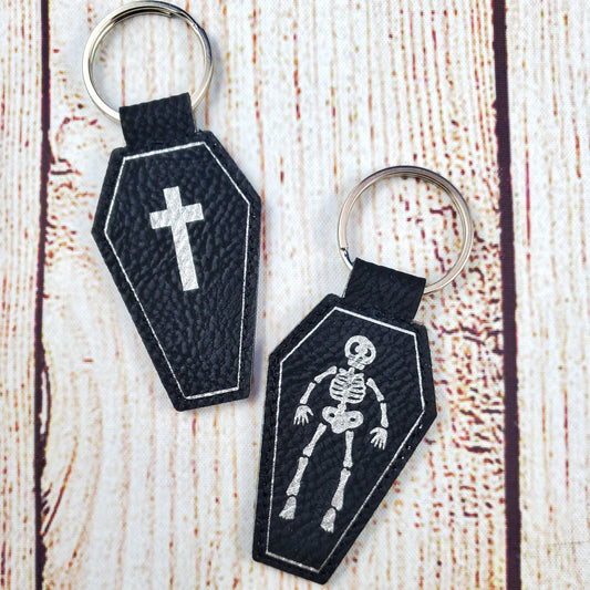 Coffin & Skeleton - Black and Silver Engraved Keychain (Double Sided)