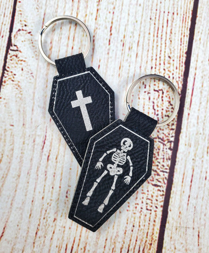 Coffin & Skeleton - Black and Silver Engraved Keychain (Double Sided)