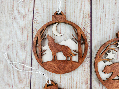 Nature themed wood ornaments - Bear, Deer and Wolf