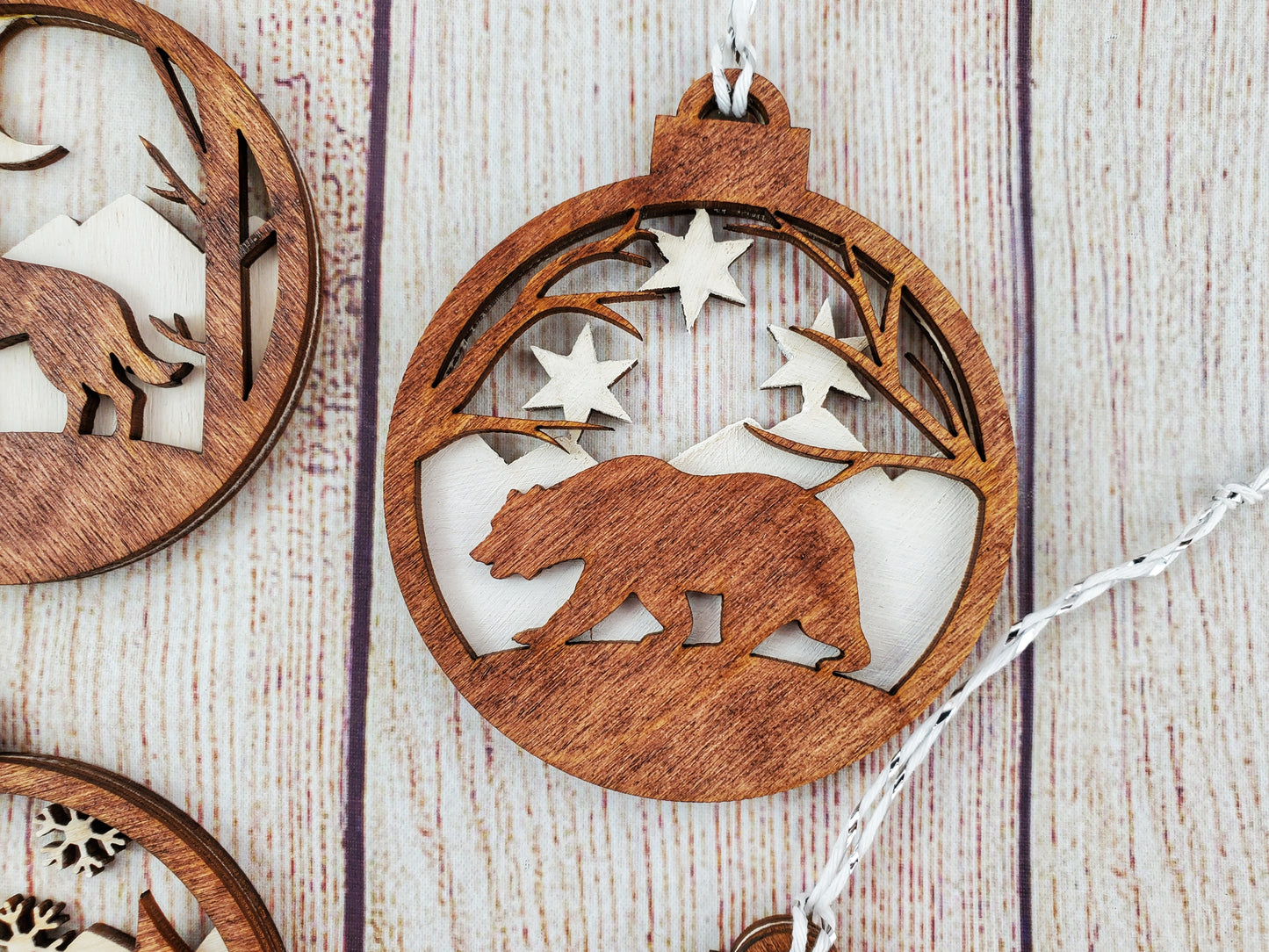 Nature themed wood ornaments - Bear, Deer and Wolf