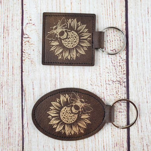 Sunflower and Bee - Rustic & Gold Engraved Keychain